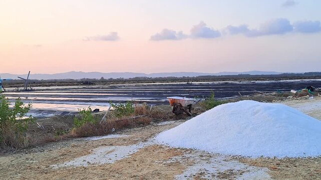 Pile of harvested sea salt in traditional salt farm in Sumenep, Madura, Indonesia. Windmill pump and wheelbarrow on path between salt ponds at sunset. Agriculture industry.