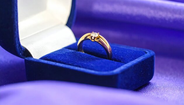Elegant Gold Ring in Blue Velvet Box on Silk Fabric.