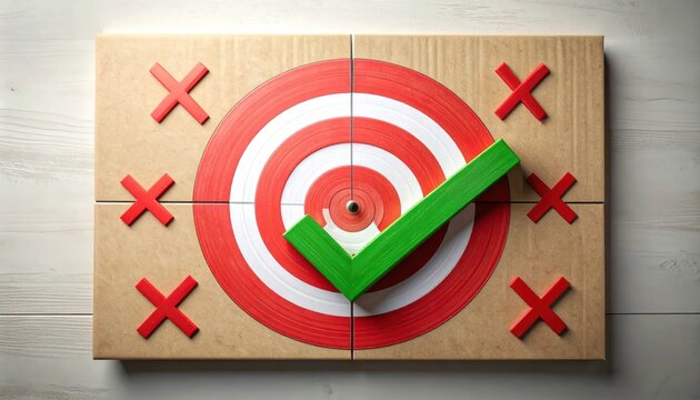 Target Success - Green Checkmark on Bullseye with Red X Marks.