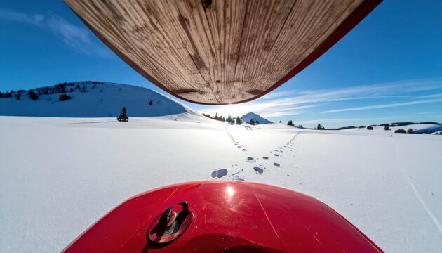 Unique perspective of snowshoeing adventure in winter landscape.
