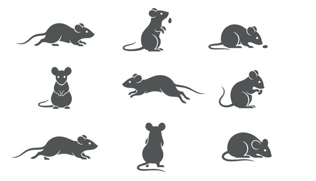 Collection of black silhouettes showing mice in various poses like running, sitting, and eating against a white background.