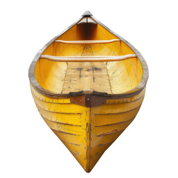 Vintage wooden canoe, yellow varnished rowboat with ribs and oarlocks, classic boating vessel for outdoor recreation isolated on Transparent Background