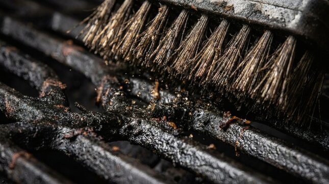 Wire grill brush scrubbing dirty barbecue grill, cleaning burnt food residue from grates.