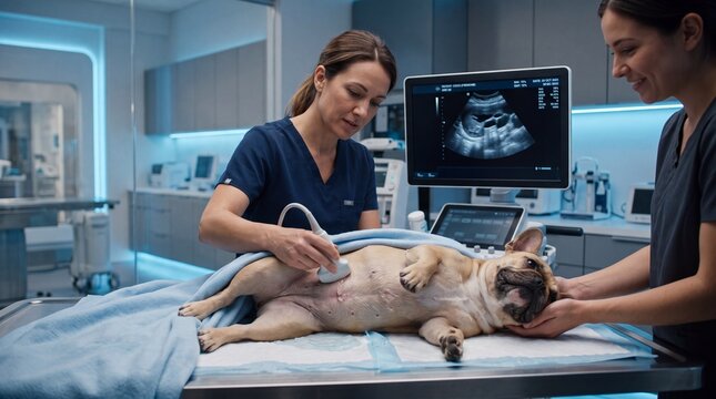 Dog Receiving Abdominal Ultrasound Examination at Veterinary Clinic, Pet Healthcare Diagnostic Procedure. Blue background