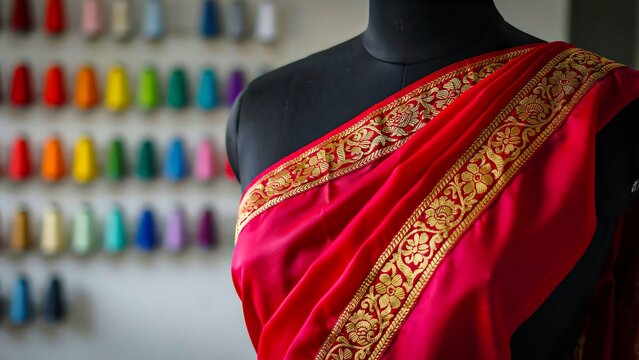 Title:
Elegant red saree with golden embroidered border on fashion mannequin illustration