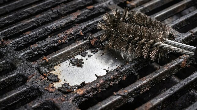 Close-up of wire brush cleaning burnt residue from a dirty barbecue grill grate, revealing shiny metal underneath.