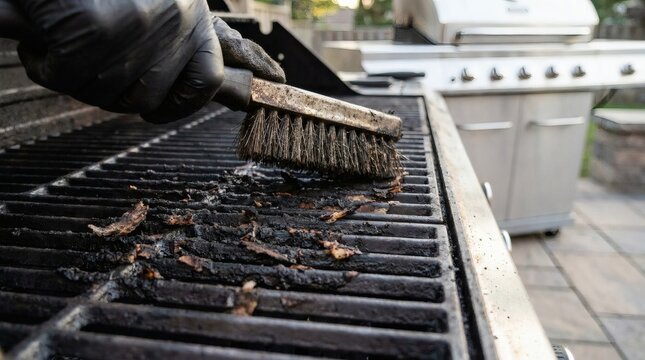 Hand in black glove cleaning a dirty barbecue grill grate with a wire brush, removing burnt food and grease.