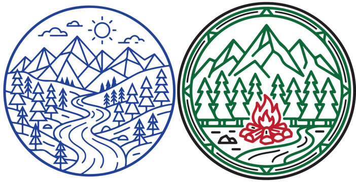 Mountain landscape line art vector badges with pine trees river and campfire for outdoor adventure logo design
