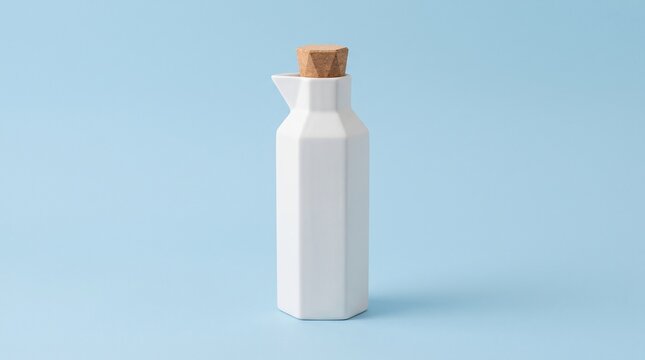 Modern geometric white ceramic carafe bottle with a wooden cork stopper, standing against a solid pastel blue background. Minimalist container design.