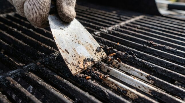 Close-up of gloved hand cleaning dirty barbecue grill grates with metal spatula after use