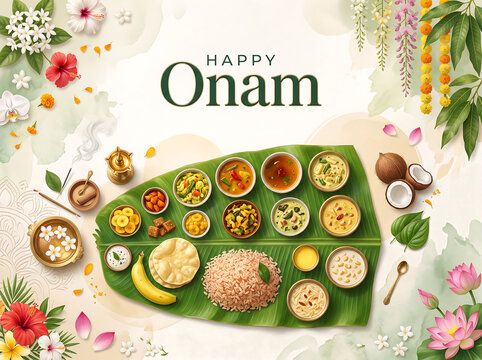 Happy Onam festival celebration Traditional south indian festive feast served on banana leaf with floral decorations with displays traditional vegetarian surrounded vibrant tropical