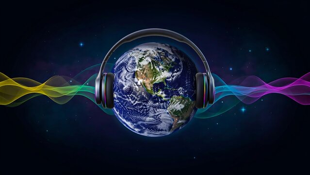Title:
Global music connection concept with earth wearing headphones and colorful sound waves illustration