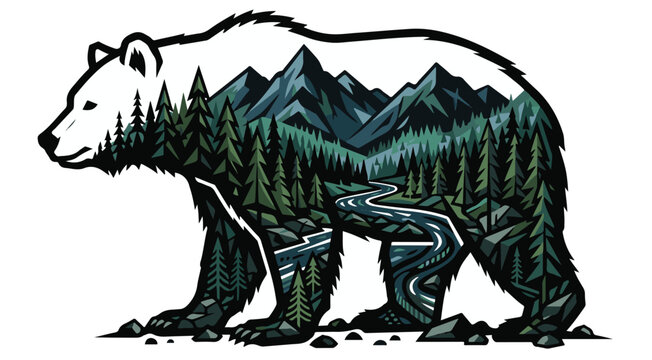 Bear silhouette vector illustration with mountain landscape forest and winding river for wilderness and adventure design