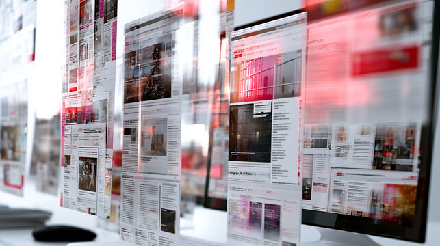Multiple computer screens displaying web pages and red network data