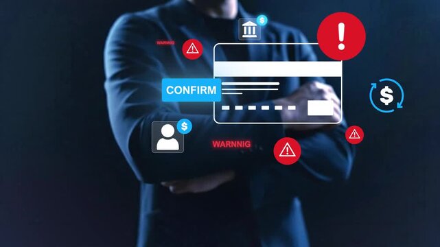 Cybersecurity payment verification interface with fraud warning alerts and secure confirmation button, online banking security, fraud detection, digital payment protection, cyber risk management.