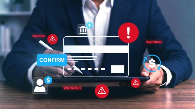 Cybersecurity payment verification interface with fraud warning alerts and secure confirmation button, online banking security, fraud detection, digital payment protection, cyber risk management.