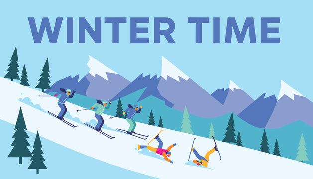 Group of people enjoys skiing down a steep mountain slope while some fall down in a fun and active winter sports scene illustration.
