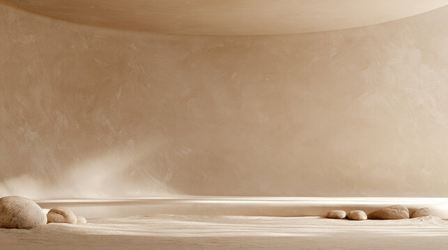 Minimalist desert scene with sand, stones, and sunlight