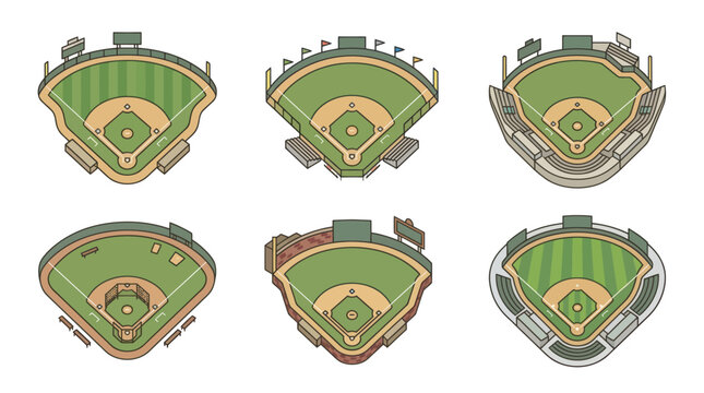 Six isometric vector illustrations showing different layouts of baseball stadiums