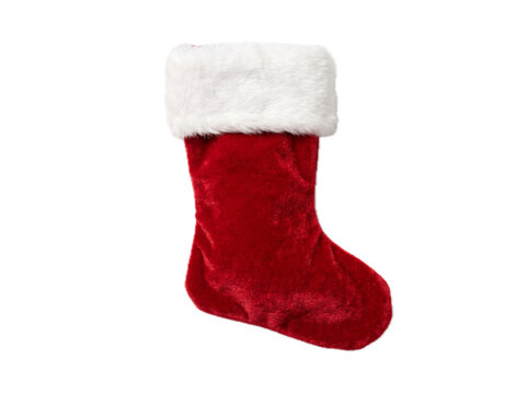Ultra realistic red velvet Christmas stocking trimmed with soft white fur, luxurious fabric texture, centered composition, isolated on pure white background, transparent PNG, soft natural shadow, prem