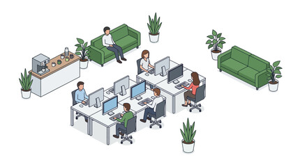 Fototapeta premium Clean Modern Office Space with Employees Working at Desks and Relaxing on Green Sofas Potted Plants