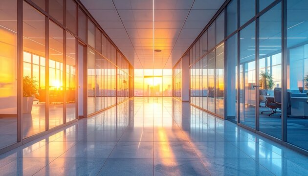 Empty modern office hallway with glass walls at sunset