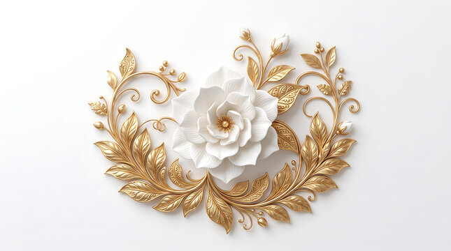 Wreath style white floral ornament with golden leaf scrolls