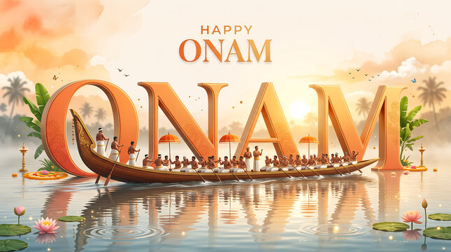 Happy Onam festival celebration Traditional snake boat race celebration during tropical sunset with festive text backdrop against large golden calm lake against depicts traditional