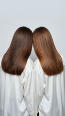 Fototapeta premium Back view of two women with long, straight brunette and light brown hair wearing white shirts, showcasing healthy hair texture and shine for beauty and haircare marketing.