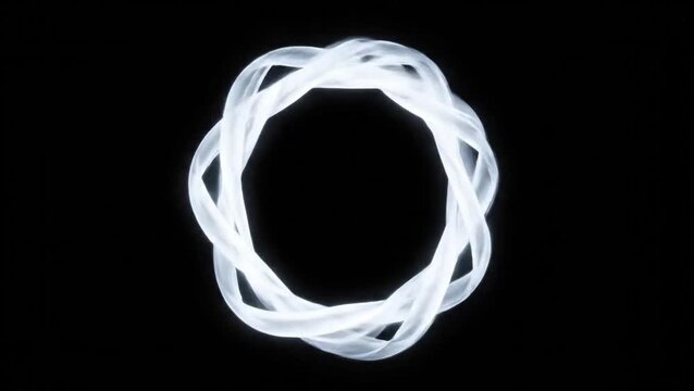A glowing, intertwined white circular light pattern on a black background, forming an abstract knot.