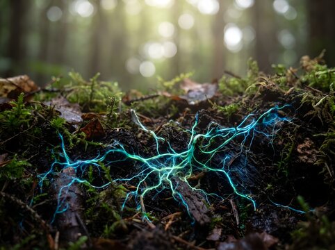 Glowing dna strand in forest floor representing world environment day and genetic code