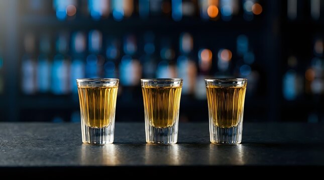 Three glasses of whiskey or bourbon lined up on a dark bar counter with blurred bottles in the background, suitable for alcohol beverage advertising and hospitality industry use.