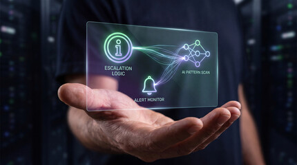 Obraz premium man holding glowing alert monitor interface with escalation logic diagram and bell icon to manage incident response process, track system anomaly detection, and support it operations workflow