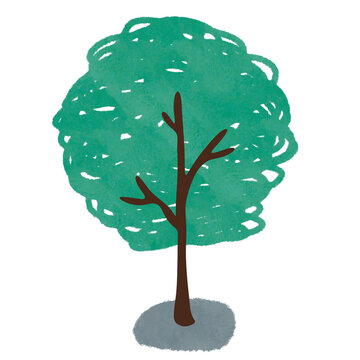 Cute hand-drawn green tree illustration with scribble texture effect isolated on transparent background, simple nature plant icon.