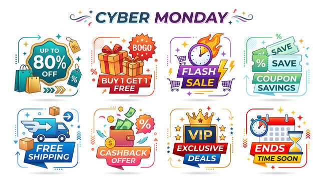 Flat Graphic Cyber Monday Shopping Offer Badges for Online Retail and Marketing Campaigns