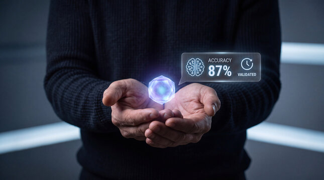man holding glowing accuracy metrics sphere with brain icon and clock above two hands to verify machine output precision, track processing validation time, and monitor system performance score