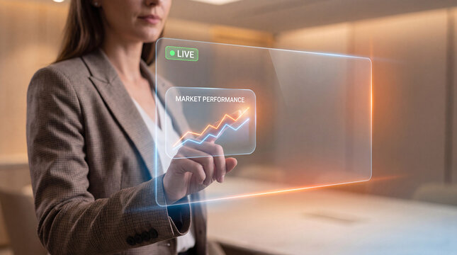 businesswoman holding glowing market performance interface with rising chart and live badge to track stock index movement, monitor trading volume, and support investment decision