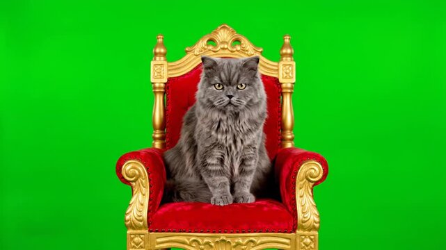Fluffy grey cat sitting on a royal red and gold throne, green screen