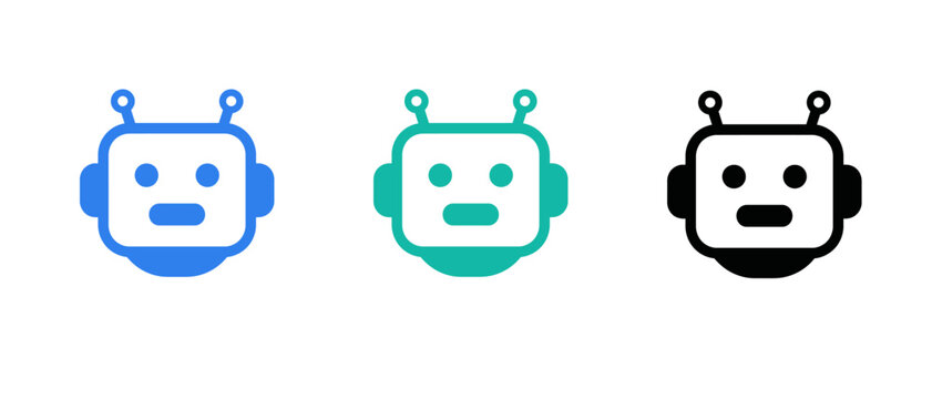 Set of three colorful robot head icons showing simple friendly machine faces for technology