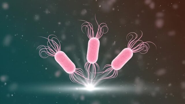Pink rod-shaped flagellated bacteria floating above a bright light source.