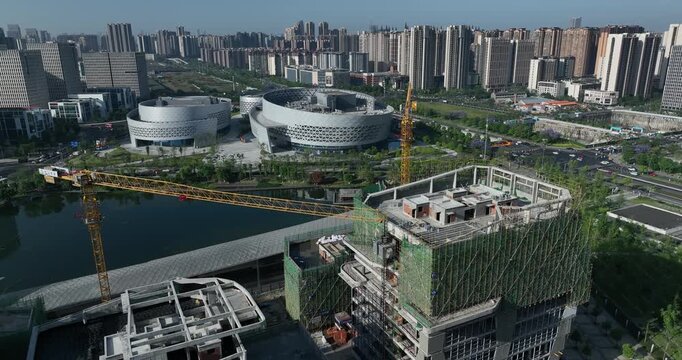 Aerial footage of building construction site landscape in Chengdu city, China