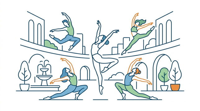 Illustrated dancers in dynamic poses with city and park elements.