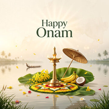 Happy Onam festival celebration Traditional brass lamp lit amidst floral rangoli decorations floating over serene tropical backwater river landscape