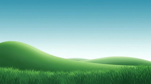 Minimalist cartoon green hills landscape under clear blue sky
