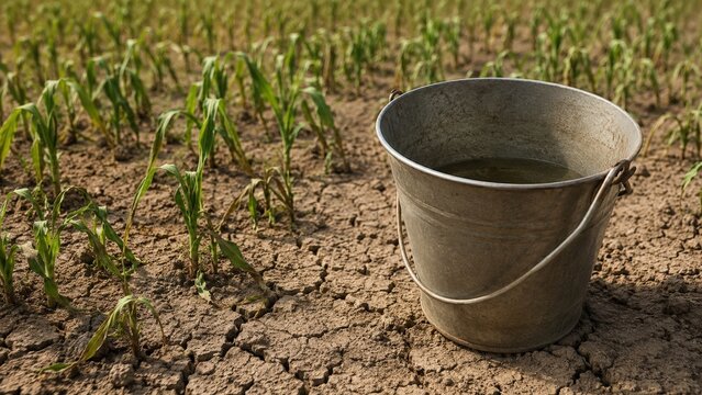 An Abandoned Bucket Sitting on Dry, Cracked Soil Surrounded by Young, Wilting Plants in an Arid Landscape Reflecting Drought Conditions
