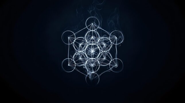 Sacred geometry symbol with interconnected circles and lines forming a complex mandala pattern against dark background, representing spirituality, mathematics, and cosmic energy.