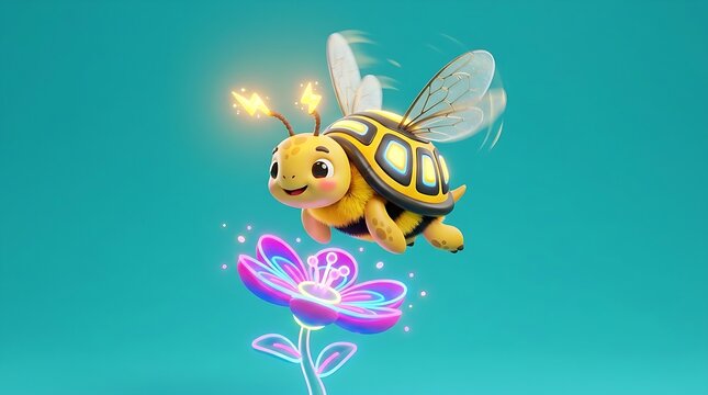Whimsical fantasy creature flying near a glowing flower