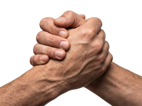 Two hands locked in a firm arm wrestling grip on transparent background
