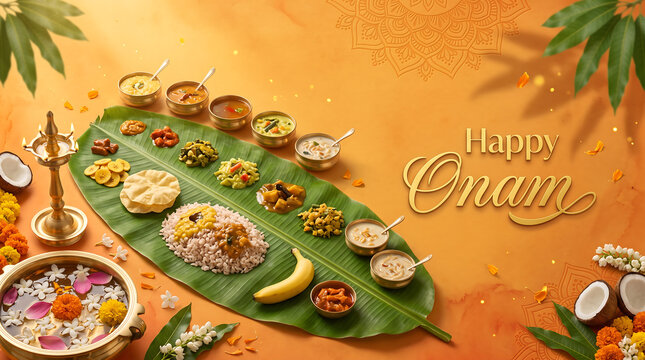 Happy Onam festival celebration Traditional south indian festive meal served on a large green banana leaf with decorative floral elements with accompanied small bowls various dishes