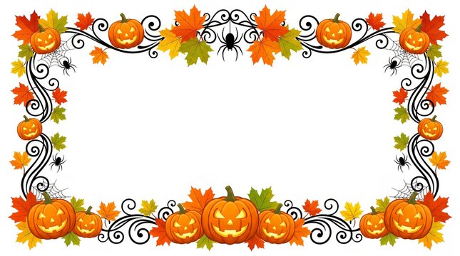 Halloween border frame with pumpkins and autumn leaves isolated on white background